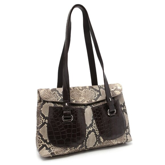 Colombo Via Della Spiga Leather Snakeskin Shoulder Bag Croc Embossed Italy Brown - Picture 4 of 15